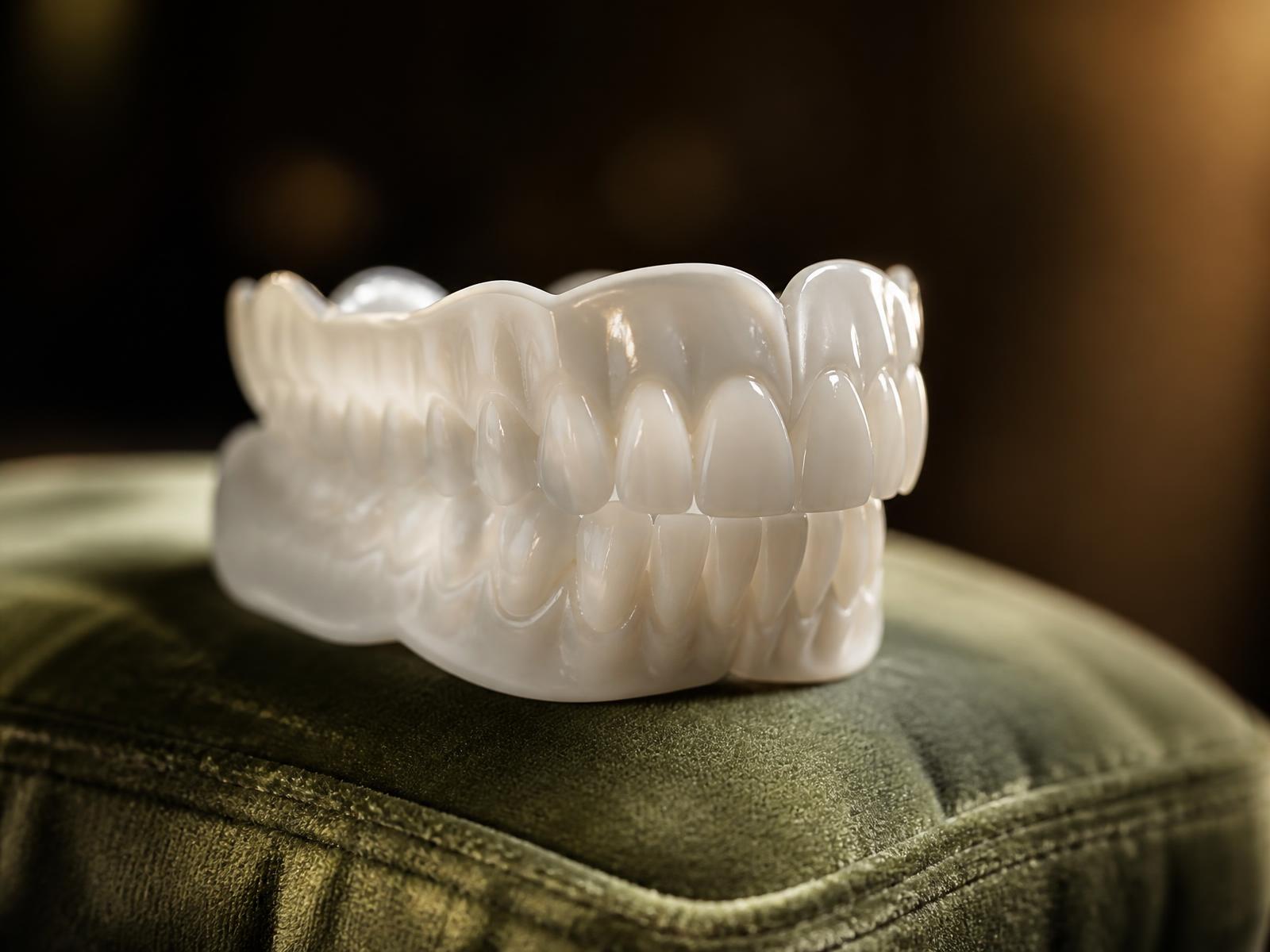 Precision-crafted full denture on a green velvet surface